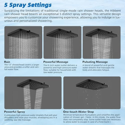 Hibbent 13'' Rain Shower Head with 12'' Shower Extension Arm, Matte Black | High Pressure 5 Modes Rainfall Shower Head with Solid Brass Adjustable Shower Arm Extender, Waterfall fixed Square Showerhead - color: Matte Black