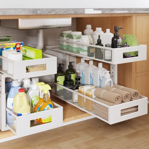 2 Packs 21IN Depth Under Sink Organizer, 2-Tier Pull Out Cabinet Organizer With Smooth Circular Rail, Large Capacity Metal Mesh Sliding Drawers For Bathroom& Kitchen Storage,Height Adjustable –White - color: White, size: 2 Pack-21"Dx11.6"-16.7" H