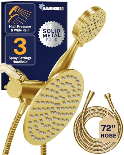 HammerHead Showers® Solid Metal Dual Shower Head Combo – BRUSHED GOLD – 8 Inch Rainfall High Flow Shower Head & 3-Flow Handheld Shower Head High Pressure with Hose 6ft - Luxury Double Shower Heads - color: Brushed Gold, size: 2.5 GPM Standard