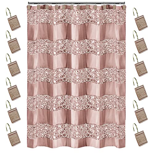 Zahari Home 13pc Sinatra Bathroom Shower Curtain Set - Blush Luxury Fabric With 12 Hooks - Unique Design Bling - color: Sinatra Blush, style: Shower Curtain and 12 Shower Hooks