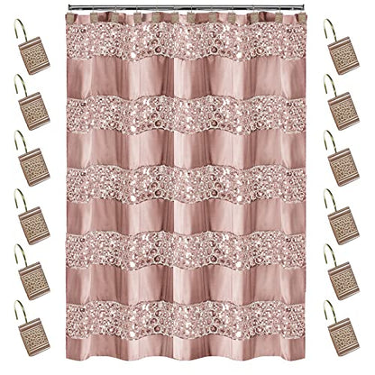 Zahari Home 13pc Sinatra Bathroom Shower Curtain Set - Blush Luxury Fabric With 12 Hooks - Unique Design Bling - color: Sinatra Blush, style: Shower Curtain and 12 Shower Hooks