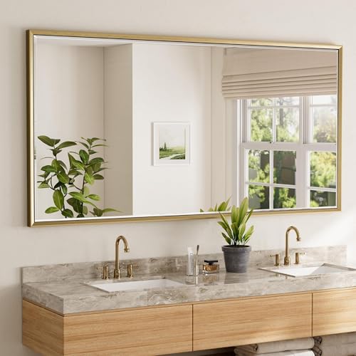 72 x 36 Gold Bathroom Mirror, Brushed Gold Beveled Bathroom Mirror, Shatterproof Large Gold Frame Rectangle Mirror, Brushed Brass Gold Framed Vanity Mirror Vertical/Horizontal Wall-Mounted - color: Brushed Gold, size: 36"L x 72"W