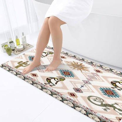 JAWO Southwestern Ethnic Tribal Bathroom Rug, Geometric Retro Abstract Art, Memory Foam, Blue (17X48inches) - color: Blue, size: 1'5" x 4' (Rectangular)
