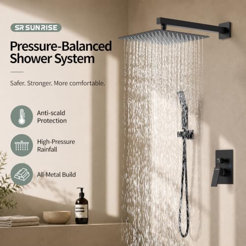SR SUN RISE 12 Inches Matte Black Shower System 12 Inch Brass Bathroom Luxury Rain Mixer Shower Combo Set Wall Mounted Rainfall Shower Head System Shower Faucet Rough-in Valve Body and Trim Included - color: Matte Black, size: 12 Inch