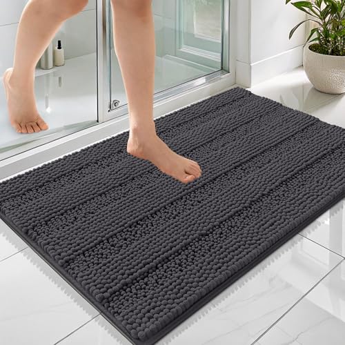 OLANLY Thick Bathroom Rugs 36x24, Chenille Striped Bath Rugs, Dark Grey | Rubber Backing, Machine Wash, Extra Soft Absorbent Bath Mats for Bathroom Floor, Tub and Shower, Home Decor Accessories - color: Dark Grey, size: 36" X 24"