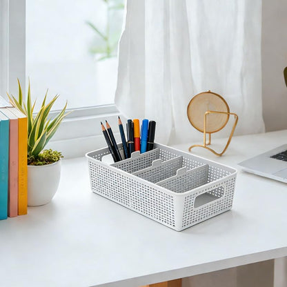 3 Compartment Stackable Bin with Adjustable Dividers, Stackable Storage Bin & Compartment Tray for Kitchen, Bathroom Vanity, Office Desk Supplies, and Bedroom Accessories (White)