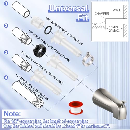 Enhon Tub Spout, Universal Fits 1/2'' Copper Pipe, 1/2'' IPS and 3/4'' IPS, Bathroom Bathtub Tub Faucet Replacement with Adapters(with Diverter,Brushed Nickel) - color: Brushed Nickel, style: with Diverter