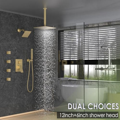 Enga Dual Shower Head Shower System with Body Jets, 12" Ceiling Mounted Rain Shower Head & 6" Wall Mounted Head Full Body Rainfall Shower Faucet with Valve Kit, Brushed Gold - color: Brushed Gold, style: Ceiling-12"+6"+Jets
