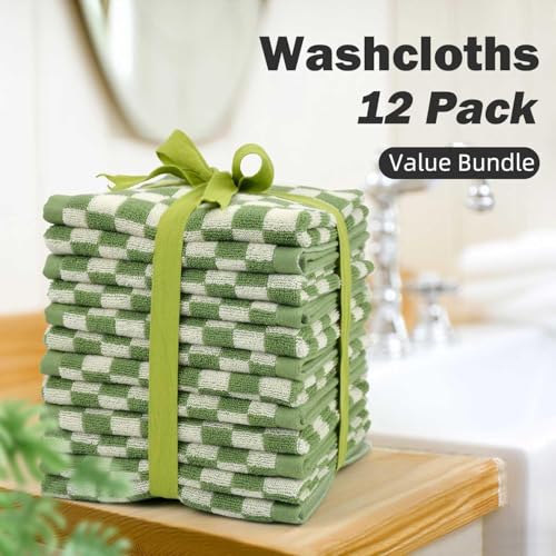 Jacquotha Wash Cloths Super Soft (Green Checkered), Wash Clothes 12 Pack | Cotton Face Cloths for Washing Face Showering 13x13 Inches - color: Green