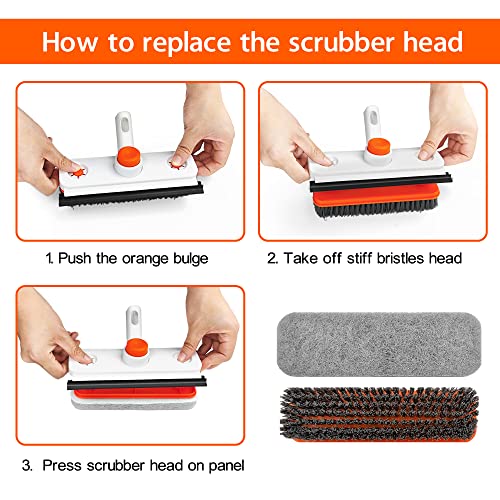 Floor Scrub Brush with Long Handle, 3 in 1 Extendable Stiff Bristle Scrape Brush, 60-In Shower Scrubber Brush with Squeegee and 2 Replacement Heads for Cleaning Bathroom Kitchen Deck Tub Tile