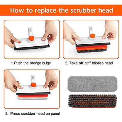 Floor Scrub Brush with Long Handle, 3 in 1 Extendable Stiff Bristle Scrape Brush, 60-In Shower Scrubber Brush with Squeegee and 2 Replacement Heads for Cleaning Bathroom Kitchen Deck Tub Tile