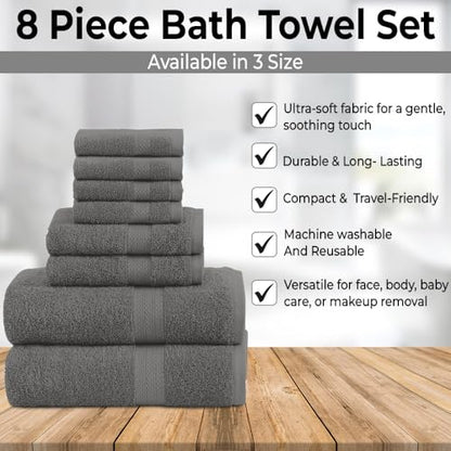 QUBA LINEN Pack of 8 Towels Set, 2 Large Bath Towels, 2 Hand Towels, 4 Wash Cloths, 100% Cotton, Lighter Weight, Quicker to Dry, Super Absorbent, Perfect for Bathroom (Grey) - color: Grey