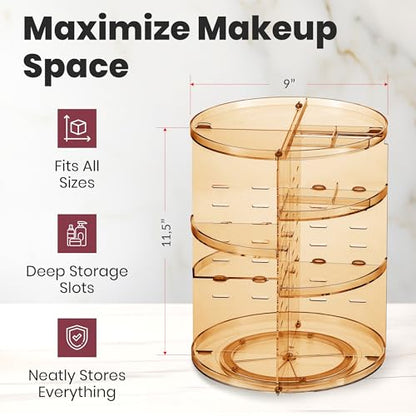 Masirs 360 Rotating Makeup Organizer Countertop, Adjustable Shelf, Brown | 360-Degree Rotating Makeup Organizer, Adjustable Shelf Height, Cosmetic Perfume Skincare Storage, Vanity Countertop, Brown - color: Brown