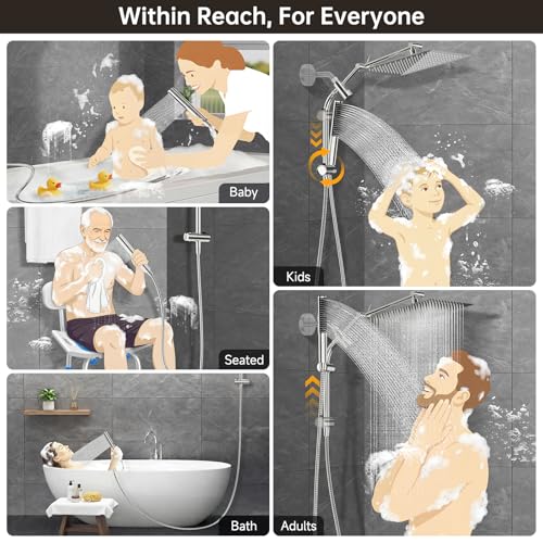 Veken All Metal 12" Luxurious Shower Head with Handheld,Full Body Coverage | Large Detachable 12" Square Rain Showerhead,Dual High Pressure Shower Heads Combo,Power Jet,Overhead Waterfall,Chrome,Silver - color: Chrome, size: 12 Inch
