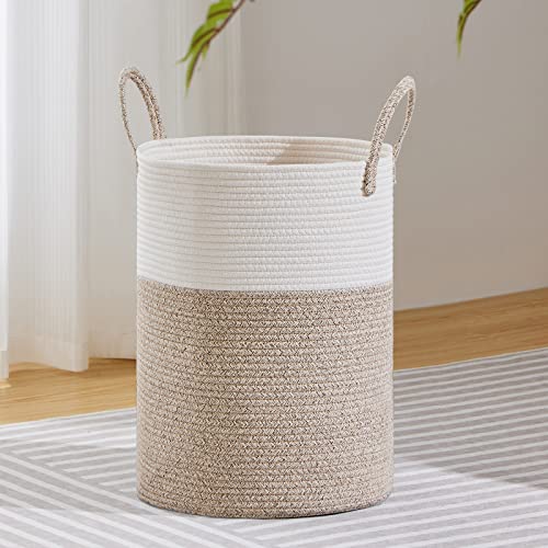 VIPOSCO 58L Tall Woven Laundry Basket Hamper, White Brown | Cotton rope laundry hamper, collapsible wicker basket, storage for blanket, toys, dirty clothes, for bedroom, bathroom - color: Brown, size: 58L