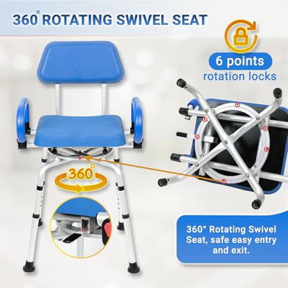 Mobi-Bench Swivel Shower Chair with Padded Seat, Back & Arms - 360° Rotating Bath Chair, Adjustable Height, Heavy Duty Bariatric - 300lb Capacity