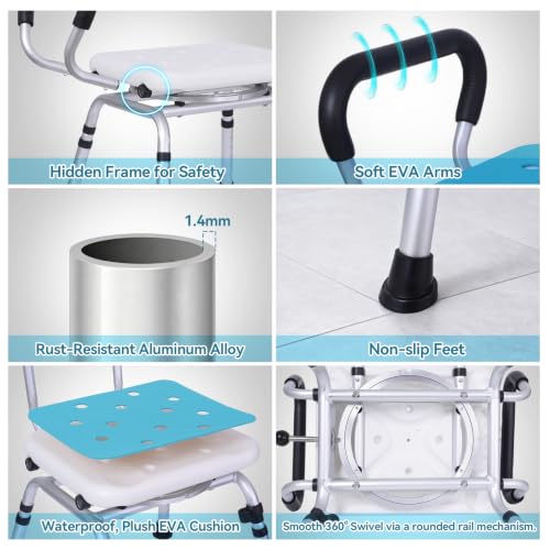 Swivel Shower Chair for Inside Shower, 400 lbs, Adjustable Height | Non-Slip Shower Stool with Removable Back and Arms, Lightweight Safety Bath Seat for Elderly and Disabled, Padded Arms - color: Powder Blue