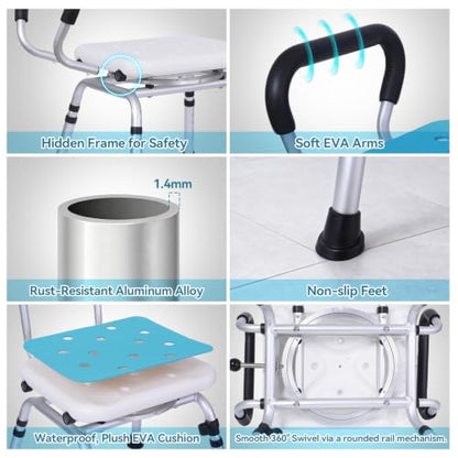 Swivel Shower Chair for Inside Shower, 400 lbs, Adjustable Height | Non-Slip Shower Stool with Removable Back and Arms, Lightweight Safety Bath Seat for Elderly and Disabled, Padded Arms - color: Powder Blue