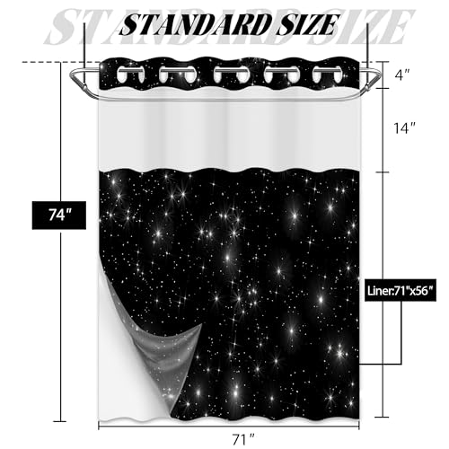 Star Space Hookless Shower Curtain with Snap in Liner, Black and White Watercolor Night Sky Galaxy No Hook Double Layer Shower Curtains and Liner Set, Waterproof Cloth Fabric, 71" W X 74" L - color: Black White, size: 71"W x 74"L (Pack of 1)