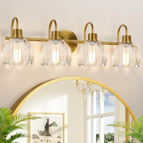 4-Light Bathroom Light Fixtures, 27" Brushed Gold Vanity Lights for Bathroom with Ribbed Clear Tulip Glass Shade, Vintage Bathroom Vanity Lighting Fixtures Over Mirror for Bedroom Living Room Hallway - color: Brushed Gold - Tulip Clear, size: 4-light