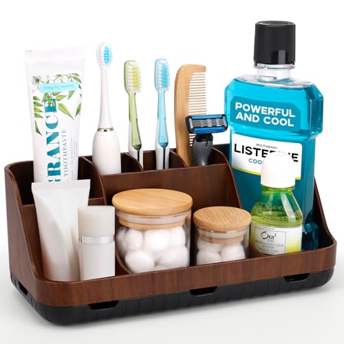 GFWARE Wood Toothbrush Holders for Bathroom Organizer with Drain Holes | Detachable 7 Slots Kid Electric Toothbrush and Toothpaste Holder, Bathroom Sink, Caddy, Tray, Vanity Storage Wood-Look, Brown - color: Wood Brown