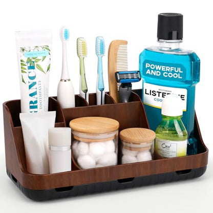GFWARE Wood Toothbrush Holders for Bathroom Organizer with Drain Holes | Detachable 7 Slots Kid Electric Toothbrush and Toothpaste Holder, Bathroom Sink, Caddy, Tray, Vanity Storage Wood-Look, Brown - color: Wood Brown