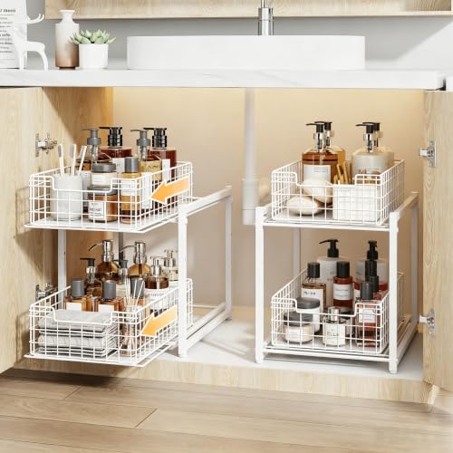Under Sink Organizer, 2-Tier Pull Out Cabinet Organizer, Kitchen Bathroom Organizer and Storage, Spice Rack for Kitchen, Multi-use Sliding Drawers Shelves (1, white) - color: white