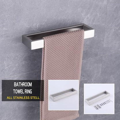 GERZWY Contemporary Stainless Steel Wall Mounted 3-Piece Bathroom Hardware Set - Towel Rings Toilet Paper Holder Towel Hooks, Brushed Finish HG1708-3LS - color: Brushed