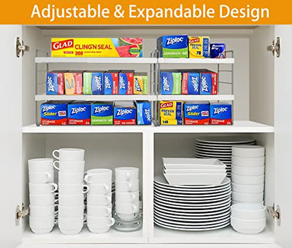 2 Pack Pantry Organization and Storage, Expandable Foil and Plastic Wrap Organizer, Adjustable Kitchen Wrap Organizer Rack for Cabinet, Foil Saran Wrap Holder Shelf for Sandwich Plastic Bags Box, - size: 2 Pack