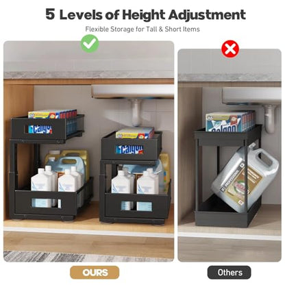 2-Tier Under Sink Organizer With Sliding Drawers, Pull-Out Cabinet Organizer With Adjustable Height, Kitchen & Bathroom Storage Shelf, Black, 1 Pack
