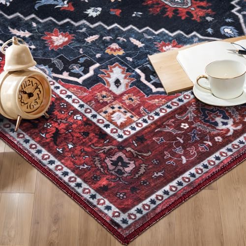 Ciicool Boho Washable 2x6 Runner Rugs,Hallway Kitchen Bedroom Beside Laundry Room Bathroom Rug, Pet & Kids Friendly, Non Slip Low Pile Stain Resistant Soft Foldable Floor Carpet - color: Dark Blue/Red, size: 2' X 6' (Runner)
