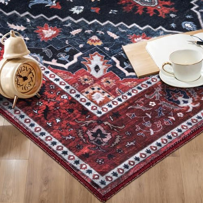 Ciicool Boho Washable 2x6 Runner Rugs,Hallway Kitchen Bedroom Beside Laundry Room Bathroom Rug, Pet & Kids Friendly, Non Slip Low Pile Stain Resistant Soft Foldable Floor Carpet - color: Dark Blue/Red, size: 2' X 6' (Runner)
