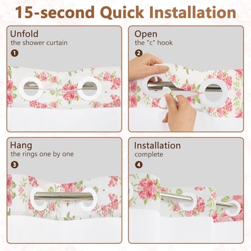 No Hook Shower Curtain and Liner Set, Pink Roses Girls Shower Curtain No Hooks with Snap in Liner and Mesh Top Window, Double-layer Waterproof Fabric Shower Curtains for Bathroom with Weighted Hem - color: Rose Garden