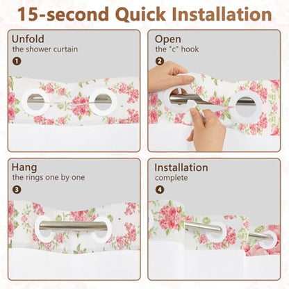 No Hook Shower Curtain and Liner Set, Pink Roses Girls Shower Curtain No Hooks with Snap in Liner and Mesh Top Window, Double-layer Waterproof Fabric Shower Curtains for Bathroom with Weighted Hem - color: Rose Garden