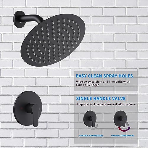Matte Black Shower Faucet GGStudy Single Function Shower Trim Kit with Rough-in Valve Shower Set Bath Rainfall Shower Faucet System 8inch Round Stainless Steel Metal Shower Head - color: Black, style: Round