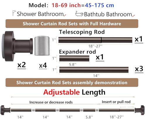 Oil Rubbed Bronze Tension Shower Curtain Rod – Adjustable 18-69 Inches, Fits 20-68 Inch Spaces (Ideal for 60" Wide Bathrooms), No Drill Rust Resistant Spring Rod - color: Bronze, size: 18-69 inch without hooks