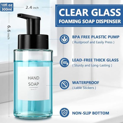 RYTOXILO Foaming Soap Dispenser, 10 oz/300ml Foaming Hand Soap Dispenser, 2 Pack Glass Foaming Soap Dispenser for Bathroom Kitchen, Clear Refillable Foam Soap Dispenser Bottle with Waterproof Labels - color: Clear Bottle, size: 10 Fl oz