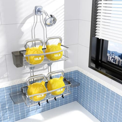 Hanging Shower Caddy Over Shower Head - No Drill Rustproof Shower Rack | Includes Soap Holder and Hooks for Shampoo, Conditioner, and Bathroom Essentials with Stable Storage in Any Shower Space - color: Chrome