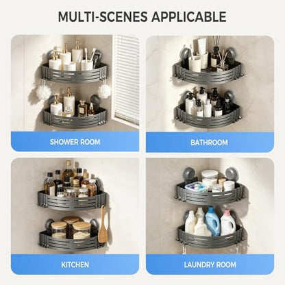 Lekesky Corner Shower Caddy Suction Cups, No Drilling Bathroom Shower Shelf | Aluminum, Rustproof, Suction Cup Can Remove and Reposition, Can hold up to 22 pounds, Also Can hold large shampoo bottles - color: Gunmetal Gray