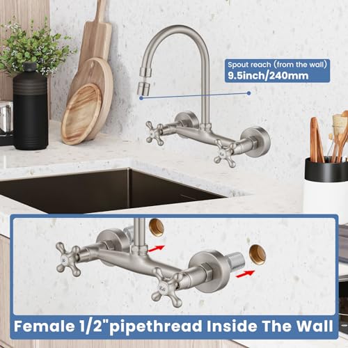 Airuida Brushed Nickel Wall Mounted Kitchen Faucet,Utility Sink Faucet | 8 Inch Adjustable Center,360° Swivel Spout,Wall Mount Commercial Faucet,Double Cross Handle - color: Brushed Nickel