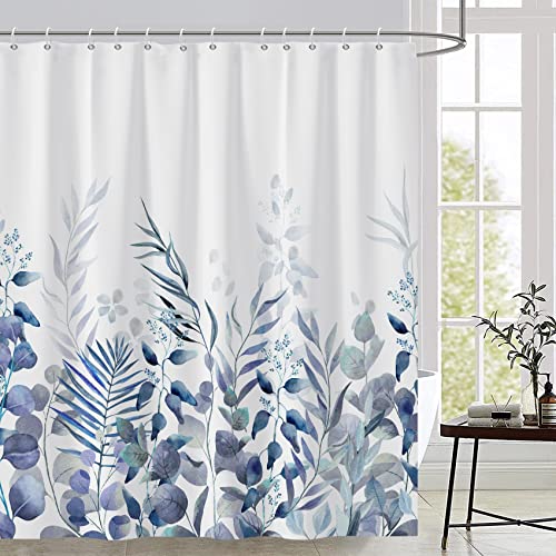 AWERT Shower Curtain Plants for Bathroom,Waterproof Quick-Drying Blue Leaves Shower Curtain Set with Hooks 60x72 Inch - color: Blue and Magenta, size: 60"W x 72"L (Pack of 1)