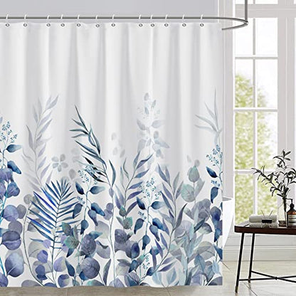 AWERT Shower Curtain Plants for Bathroom,Waterproof Quick-Drying Blue Leaves Shower Curtain Set with Hooks 60x72 Inch - color: Blue and Magenta, size: 60"W x 72"L (Pack of 1)