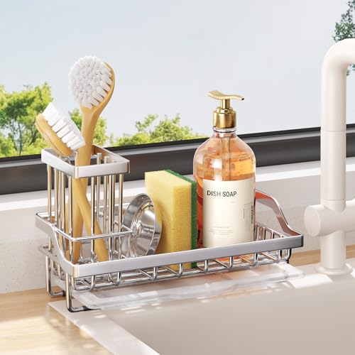 Consumest Sink Caddy, Kitchen Sponge Holder with Dish Brush Holder, Kitchen Organizer with Drip Tray for Countertop, Stainless Steel Rustproof - Silver - color: A-silver