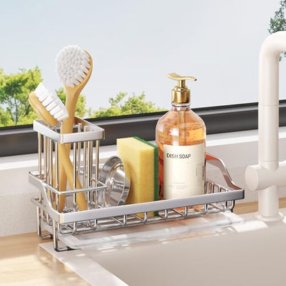 Consumest Sink Caddy, Kitchen Sponge Holder with Dish Brush Holder, Kitchen Organizer with Drip Tray for Countertop, Stainless Steel Rustproof - Silver - color: A-silver