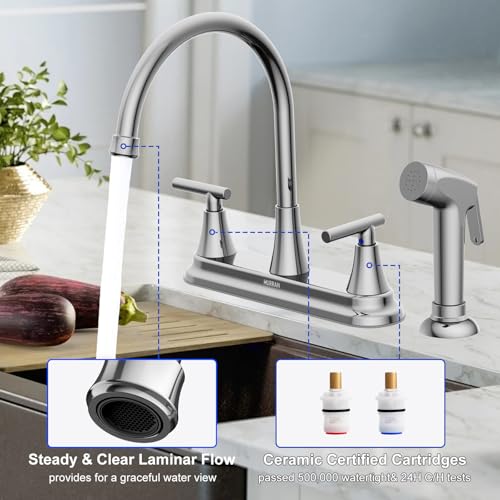 HURRAN 2-Handle Kitchen Faucet with Pull-Out Side Sprayer, 8 Inch High Arch Stainless Steel 360°Rotating Kitchen Sink Faucet, 4 Hole Faucet for Kitchen Bar Rv Camper, Chrome - color: Chrome, style: With Side Sprayer