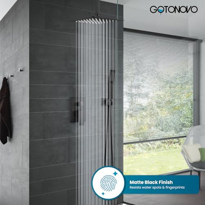 gotonovo Ceiling Shower System with Handheld Matte Black,10 inch Head | Ceiling Mount Bathroom Shower Faucet Set,SUS304 Rainfall Head and Handle Set Combo,Brass Valve Trim Kit,All Metal - color: Black, size: 10 inch Head