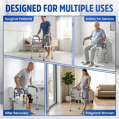 Toilet Safety Rails for Seniors 350lb, Adjustable Height & Width Toilet Bars for Elderly | Foldable Non-Slip Toilet Safety Frame, 4 Suction Cups & 4 Tips, Reinforced 2 C-Clamp – Fits Most Toilets