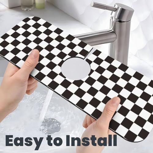 Black And White Checkered Racing Flag Checkerboard Square Grid Kitchen Sink Splash Guard Faucet Mat Super Absorbent Fast Drying Mat Sink Gadgets-Fast Sink Mat For Kitchen Bathroom (15" X 5.5" ) - color: Black And White Checkered