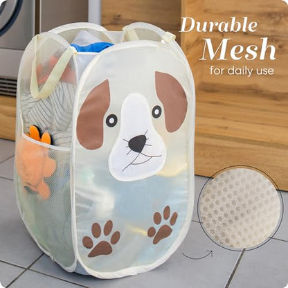 Pop Up Laundry Hamper, Cute Puppy 71L Collapsible Mesh Basket with Handles | Breathable Foldable Clothes Basket, Reinforced Handles, Side Pocket - for Dorm, Travel, Kids Room, Bedroom - Handy Laundry - color: Puppy