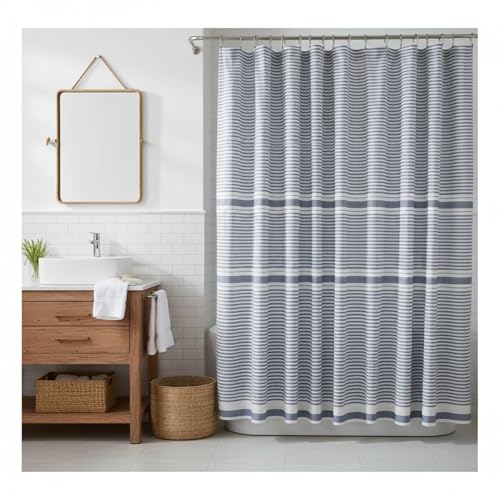 Blue and White Fabric Shower Curtain, Cotton Blend Striped Textured Design, 72 x 72 Shower Curtain, Modern Aesthetic Bathroom Decor, Cozumel - color: Cozumel